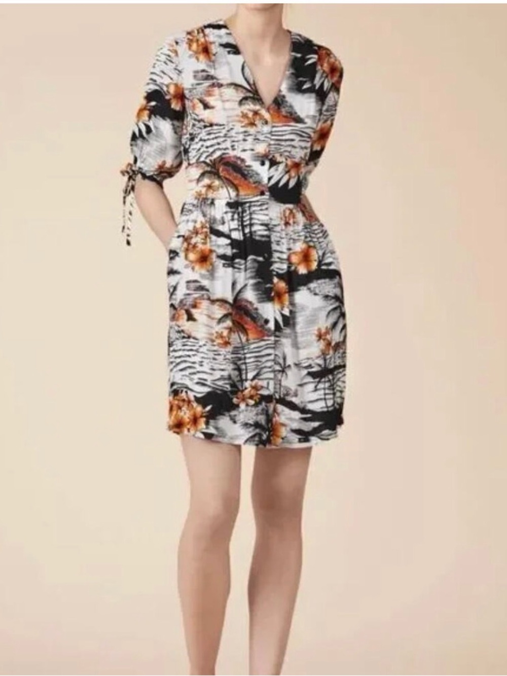 MAJE Rolina Tropical Hawaiian Print Tie-Sleeve Crepe A-Line
Shirt Dress vacation